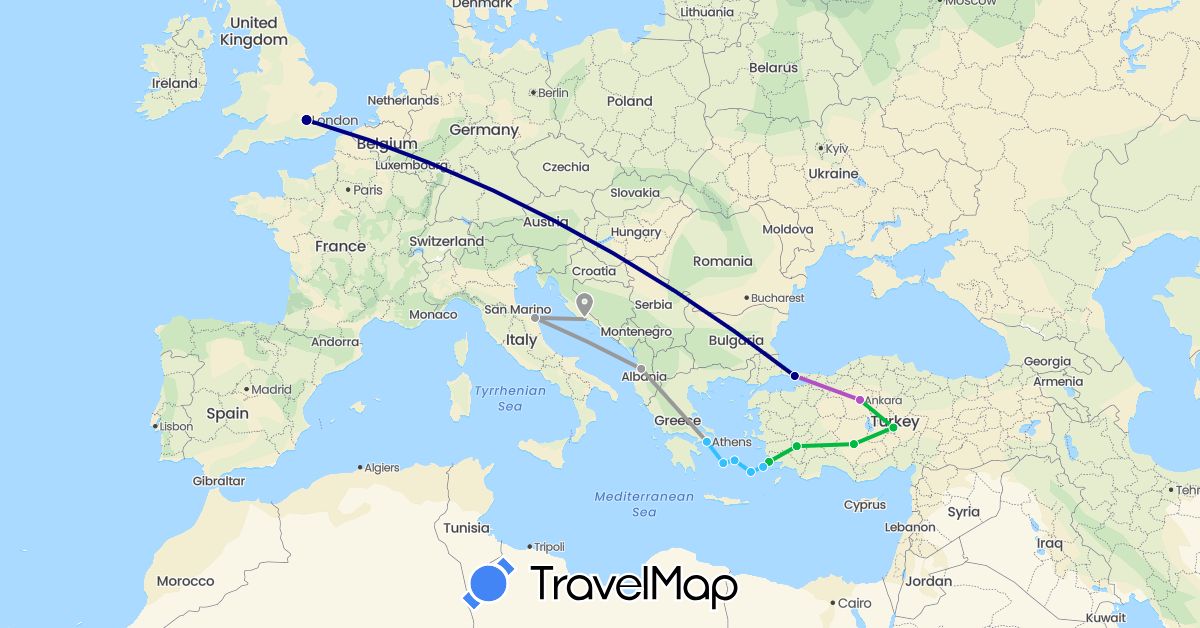 TravelMap itinerary: driving, bus, plane, train, boat in Albania, United Kingdom, Greece, Croatia, Italy, Turkey (Asia, Europe)