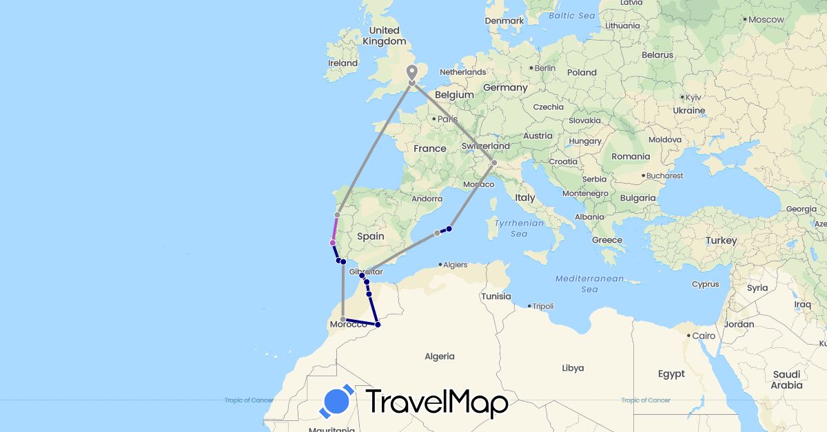 TravelMap itinerary: driving, plane, train in Spain, United Kingdom, Italy, Morocco, Portugal (Africa, Europe)